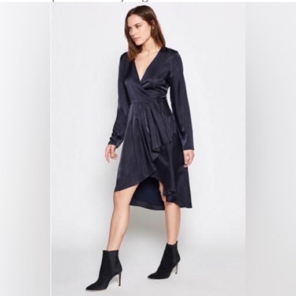 NWT Joie midnight navy blue wrap dress with flounce hem. Size M.